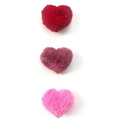 guirlande de coeur durable, verticale - rouge et rose - laine 100% douce - faite à la main au Népal - guirlande de coeur