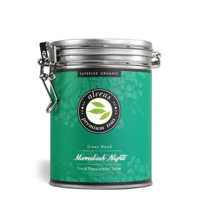 Tè verde alla menta piperita biologico di Marrakech in scatola di metallo da 100 g