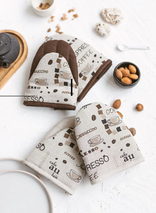 Linen Oven Mittens with Coffee Print • Natural Cooking Glove • COFFEE