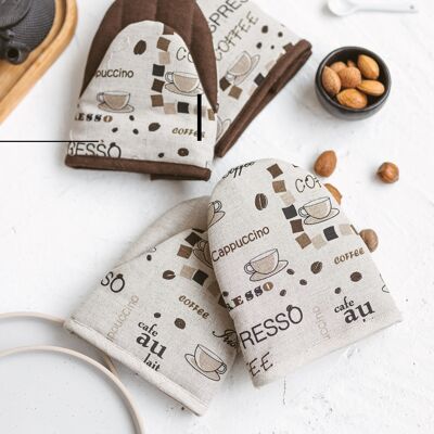Linen Oven Mittens with Coffee Print • Natural Cooking Glove • COFFEE