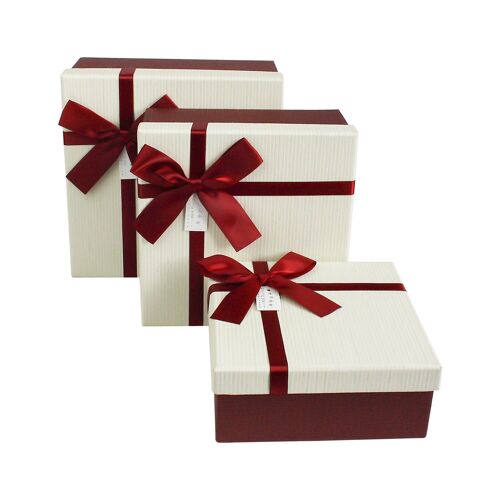 Set of 3 Square, Burgandy Gift Box, Cream Lid, Satin Ribbon