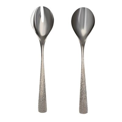 Set of 2 serving cutlery in shiny silver steel, hammered effect handle, Stone