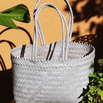 GRAY BRAIDED BASKET WITH LARGE HANDLE