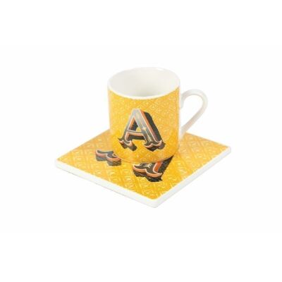 Monogram letter A coffee cup with square saucer