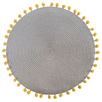 Set de table rond Mexico gris / pompons jaunes