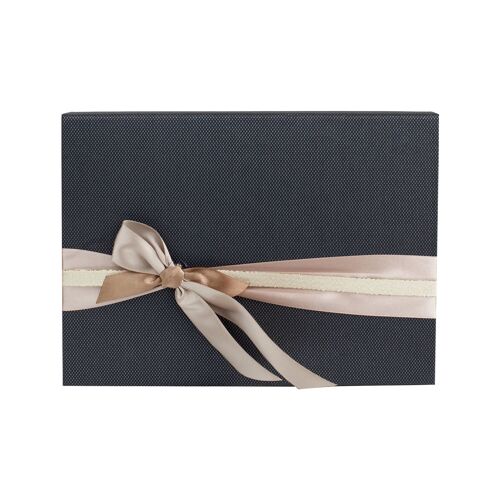 Rectangle, Black Gift Box, Gold Beige Satin Ribbon