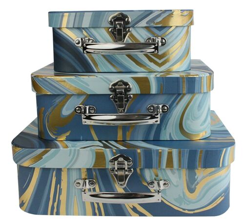 Set of 3 Suitcase Gift Box, Dark Blue Gold Marble Print