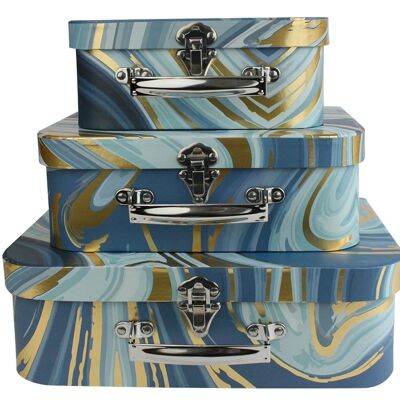 Set of 3 Suitcase Gift Box, Dark Blue Gold Marble Print