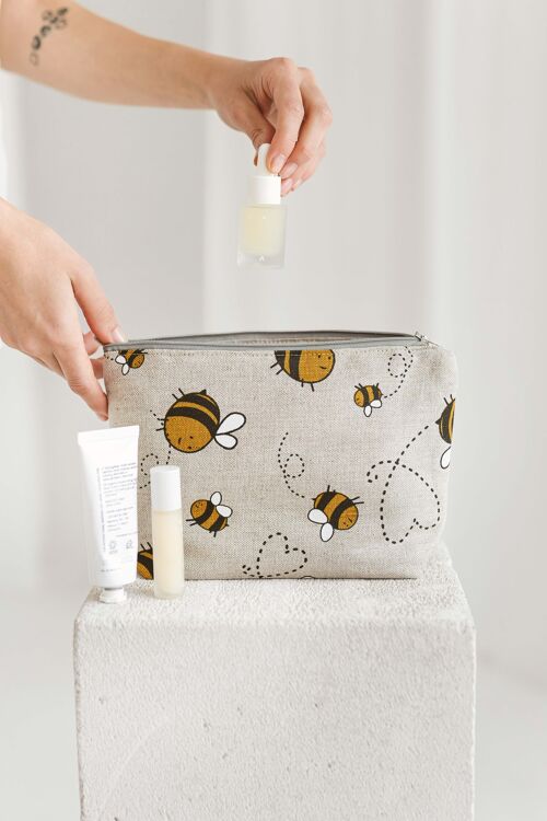 Linen Makeup Bag with Bumblebees • Cosmetic Pouch with the Zip Washbag for Women