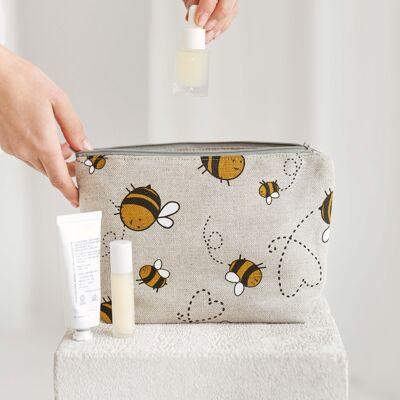 Linen Makeup Bag with Bumblebees • Cosmetic Pouch with the Zip Washbag for Women