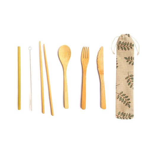 Reusable Bamboo Cutlery Travelling Set with Green Leaf Pouch