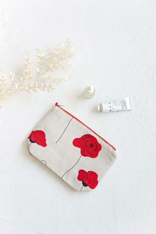 Linen Makeup Bag with Red Poppies • Cosmetic Pouch with the Zip Washbag for Women