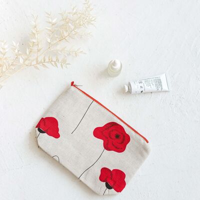 Linen Makeup Bag with Red Poppies • Cosmetic Pouch with the Zip Washbag for Women