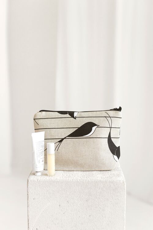 Linen Makeup Bag with Swallows • Cosmetic Pouch with the Zip • Washbag for Women