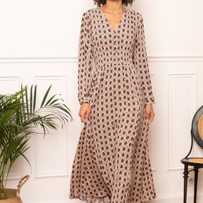 Long dress with bohemian print buttoned front, invisible pockets