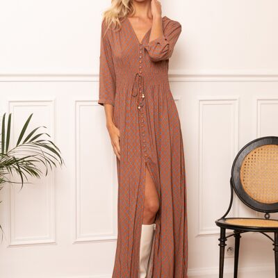 Long button-front printed dress with slit and 3/4 sleeves