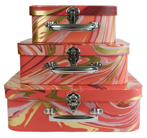 Set of 3 Suitcase Storage Gift Box, Orange Gold Marble Print