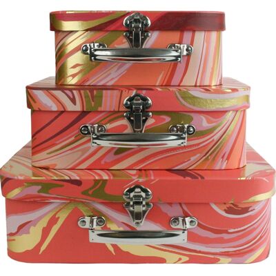 Set of 3 Suitcase Storage Gift Box, Orange Gold Marble Print