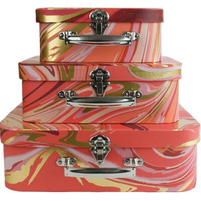 Set of 3 Suitcase Storage Gift Box, Orange Gold Marble Print