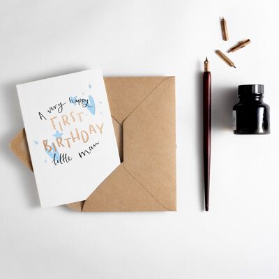 Une carte très joyeux premier anniversaire petit homme typographique