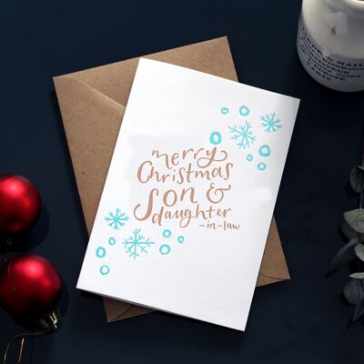 Feliz Navidad hijo y nuera tarjeta tipográfica