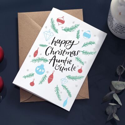 Joyeux Noël Auntie & Oncle Christmas Baubles Letterpress Card