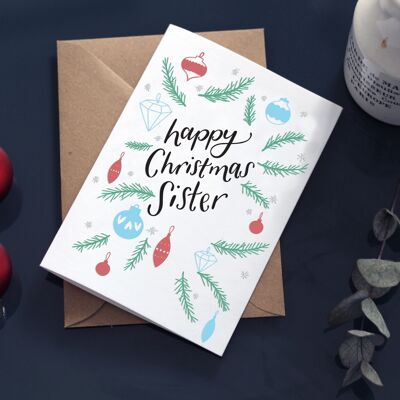 Happy Christmas Sister Christmas Baubles Letterpress Card