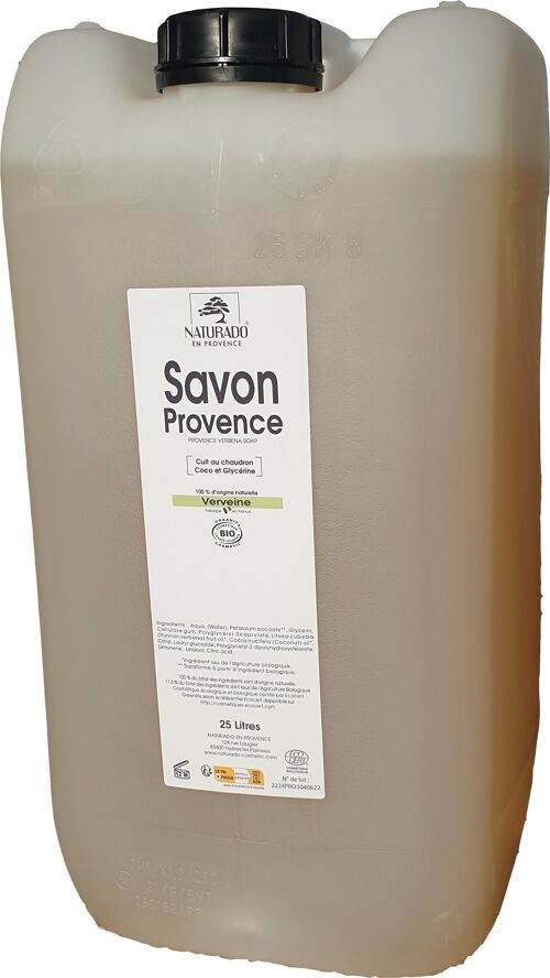 Vrac jerrican 25 litres Savon Provence Verveine bio Ecocert