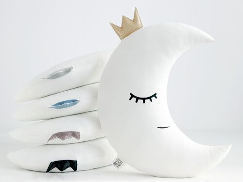 White Crescent Moon Cushion With Gold Crown