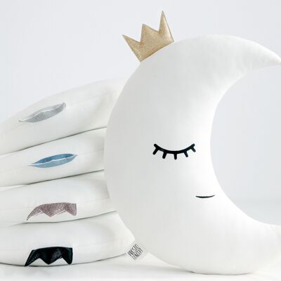 White Crescent Moon Cushion With Gold Crown