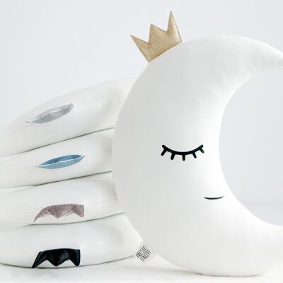 White Crescent Moon Cushion With Gold Crown