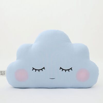 Sleepy Light Blue Cloud Cushion With Pink Cheeks