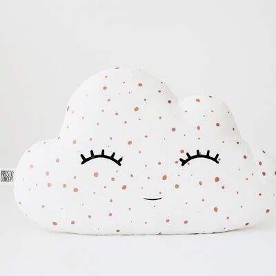 Lächelndes weißes Kissen mit großen Wolken und roségoldenen Punkten
