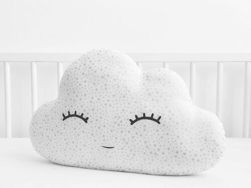 Smiling White Large Cloud Cushion With Silver Stars