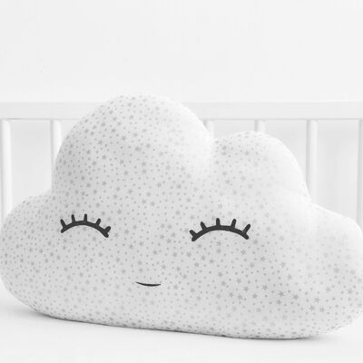 Smiling White Large Cloud Cushion With Silver Stars