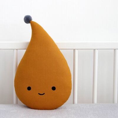 Smiling Mustard Raindrop Cushion With Gray Pompom