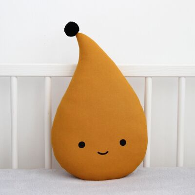 Smiling Mustard Raindrop Cushion With Black Pompom