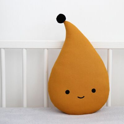 Smiling Mustard Raindrop Cushion With Black Pompom