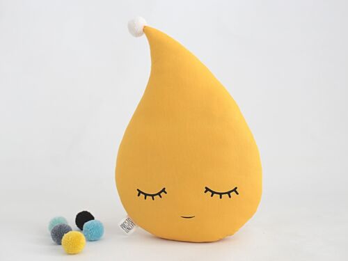Sleepy Mustard Yellow RainDrop Cushion With White Pompom