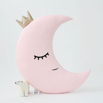 Coussin croissant de lune rose pâle avec couronne dorée