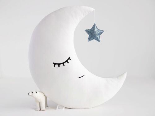 White Crescent Moon Cushion With Metallic Blue Star