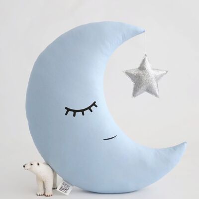 Light Blue Crescent Moon Cushion With Silver Star
