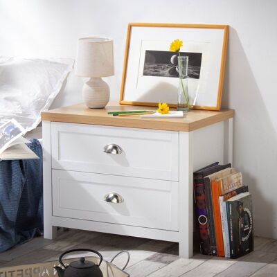 Bedside table with 2 white drawers and oak decor - W60 x H48 cm