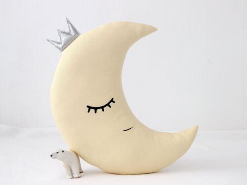 Pastel Yellow Crescent Moon Cushion With Silver Crown