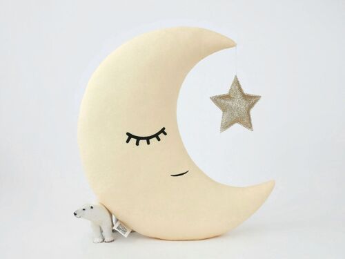 Pastel Yellow Crescent Moon Cushion With Gold Star
