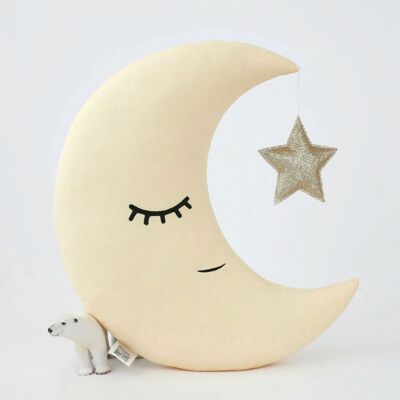 Pastel Yellow Crescent Moon Cushion With Gold Star
