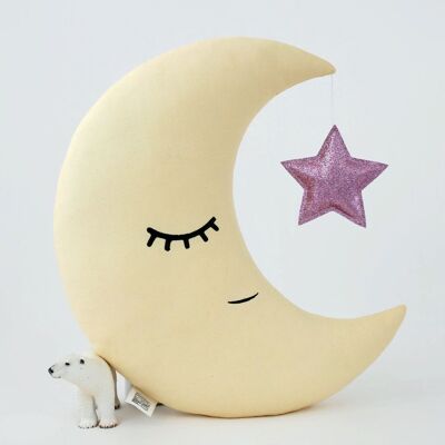 Pastel Yellow Crescent Moon Cushion With Pink Star