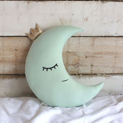 Green Mint Crescent Moon Cushion With Gold Crown