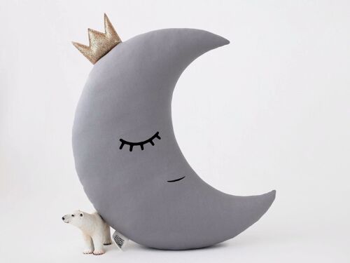 Gray Crescent Moon Cushion With Gold Crown