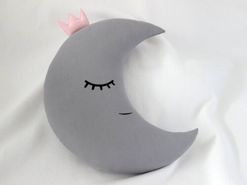 Gray Crescent Moon Cushion With Pink Crown